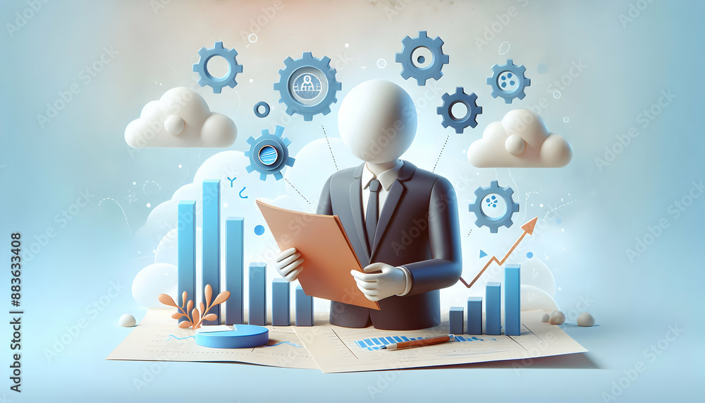 Poster 3d flat icon: risk manager reviewing report and analyzing growth chart concept