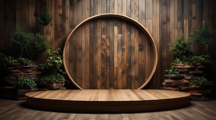 Wood podium product stand or display with cinematic light and cinematic background