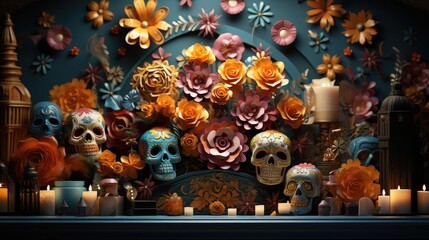 day of the dead background with floral ornaments and skulls for banners or posters