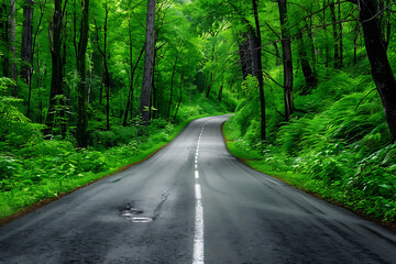 Fototapeta premium Mountain road in the misty forest.