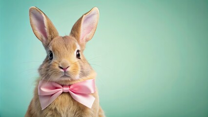 Obraz premium Funny Easter bunny wearing a bow in pastel colors , Cute, humorous, rabbit, festive, celebration, spring, whimsical
