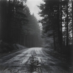 Obraz premium Mountain road in the misty forest.