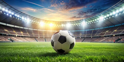 Soccer ball on green field with blurred stadium in the background, soccer, ball, green, field, sports, game, outdoor, grass