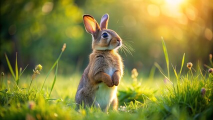 Adorable amusing brown bunny stands upright on hind legs, paws together, whiskers twitching, in a green meadow, sunny atmosphere.
