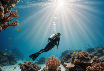 back view of a woman scuba diving in the red sea in a coral reef, there is a wide variety of creatures, back view, beams of light coming from above