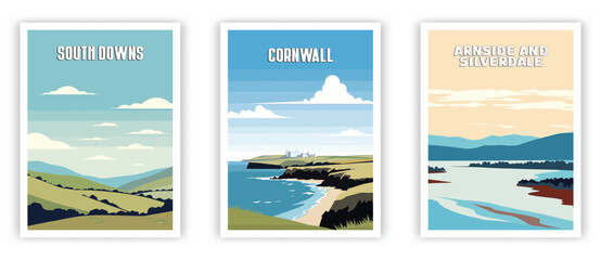 South Downs, Corwall, Arnside and Silverdale Illustration Art. Travel Poster Wall Art. Minimalist Vector art