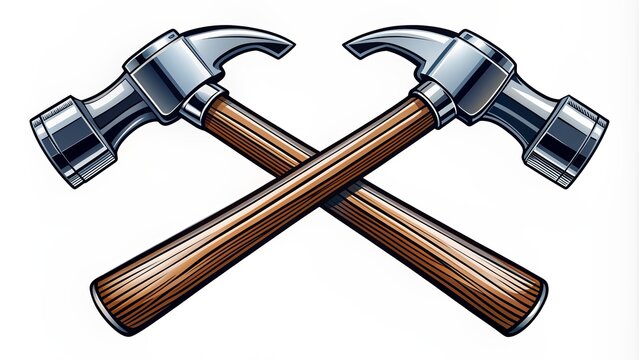 Stylized isolated vector illustration of two crossed hammers on a white background symbolizing strength and construction industry logos.