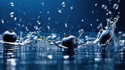 three blueberries splashing in the water with a leaf