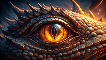 Fototapeta premium A fierce, mystical dragon's eye glows bright orange, surrounded by dark, scaly skin and sharp, pointed scales in a fantasy setting.