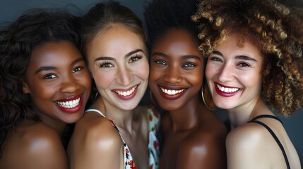 Fototapeta premium Portrait of gorgeous multiracial women standing together and smiling. 