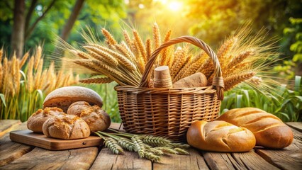 Golden wheat stalks and bread baskets surrounded by lush greenery on a rustic wooden table, conveying natural harvest abundance.