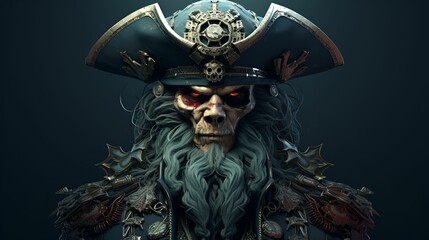 Fototapeta premium A menacing skeletal pirate captain with glowing red eyes, wearing an ornate hat and detailed armor, exuding an eerie and powerful presence.