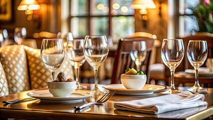 Table setting at elegant restaurant with fine china, glassware, and silverware, table, setting, restaurant, elegant