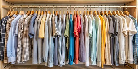 Clothes hanging neatly on hangers in a closet , fashion, organization, wardrobe, closet, hanging, neat, tidy, clothes, clothing