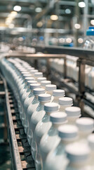 &nbsp;hundreds of yoghurt bottles going to camera direction on production line,
