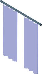 Two purple curtains are hanging on a rod in this isometric illustration