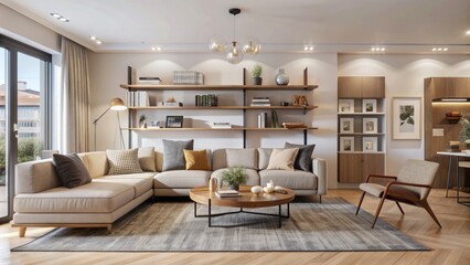 Modern minimalist living room interior with sleek sofa, armchair, coffee table, shelves, and decorative elements isolated on white background.