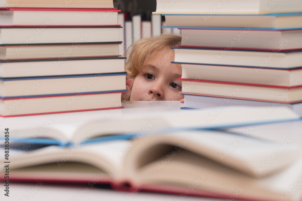 Poster education concept. kid nerd pupil reads books in the library. schoolboy with book in class. literatu