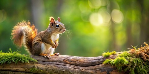 Obraz premium Squirrel perched on a log in a serene forest setting, squirrel, log, forest, environment, wildlife, nature, cute, small, furry, animal