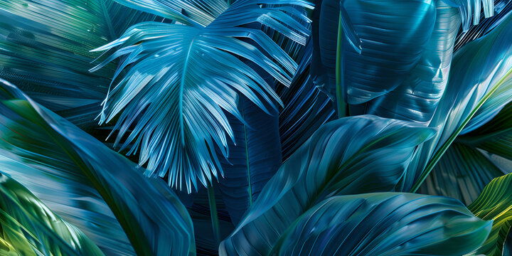 Tropical blue palm leaves in lush forest closeup