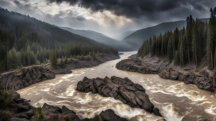 A river with a rocky shoreline and a cloudy sky in the background