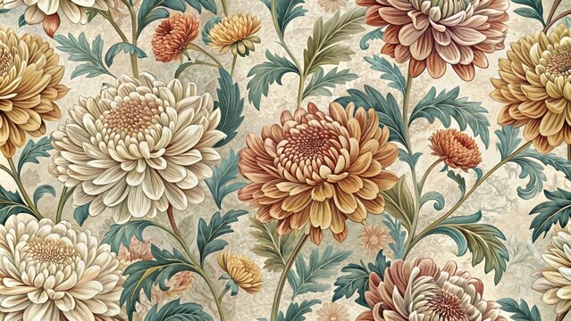 Intricate, ornate, and distressed Chrysanthemum flowers in muted colors form a vintage seamless pattern for arts and crafts design applications.