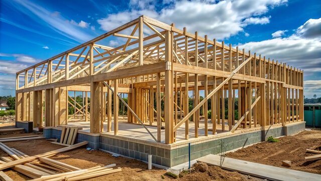 Suburban house under construction with wooden beams and timber studs forming frame of future residential building in Tarneit Melbourne