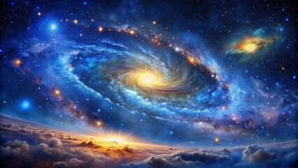 Obraz premium Vibrant blueish celestial expanse filled with twinkling stars, swirling galaxies, and cosmic dust, majestic and awe-inspiring in its beauty.