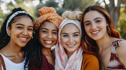 Fototapeta premium Portrait of gorgeous multiracial women standing together and smiling. 