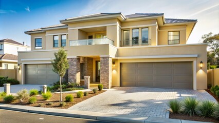 Fototapeta premium Elegant beige stucco modern luxury home boasts stylish landscaping and perfect curb appeal in a serene suburban summer setting.