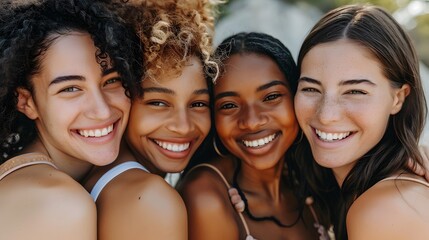 Fototapeta premium Portrait of gorgeous multiracial women standing together and smiling. 