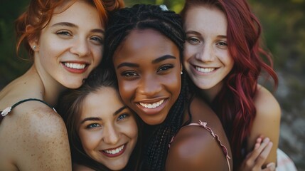 Fototapeta premium Portrait of gorgeous multiracial women standing together and smiling. 