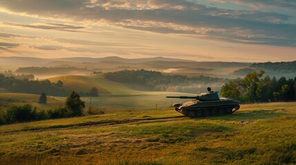 Fototapeta premium Tranquil Rural Landscape with Tank Vehicle on Rolling Hills Under Peaceful Sky - Realistic Scene of Quiet Countryside