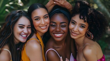 Fototapeta premium Portrait of gorgeous multiracial women standing together and smiling. 