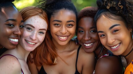 Fototapeta premium Portrait of gorgeous multiracial women standing together and smiling. 