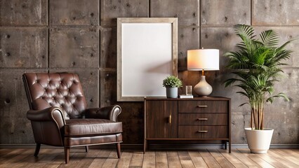 Cozy vintage living room features armchair, lamp, wooden cabinet, large potted plant, and blank frame on rustic grey wall backdrop.