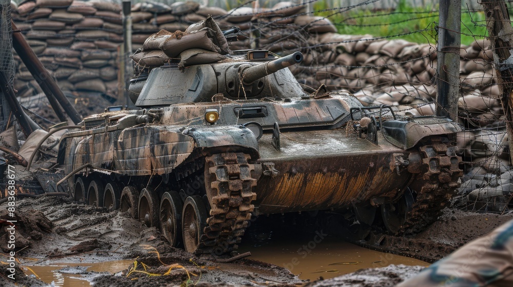 Wall mural Military Tank in Fortified Position with Sandbags and Barbed Wire Defense - Realistic Photo of Combat Vehicle Protection