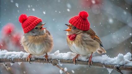 Adorable pair of baby birds in crimson knit caps perched on snowy branch, trilling sweet melody in winter wonderland scene.