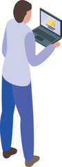 Office worker standing and holding his laptop, working from home or the office in isometric view