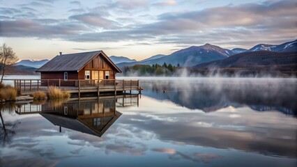 Fototapeta premium Serene misty morning landscape featuring tranquil lake reflecting mist-covered mountains surrounding isolated wooden lakeside house with rustic porch.