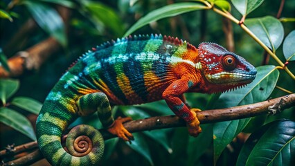 Obraz premium Vibrant, immature, two-year-old Furcifer pardalis Panther chameleon from Ambilobe, Madagascar, displays stunning, intricate, pinkish-brown, and yellowish-green coloration on a leaf.