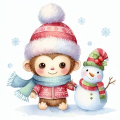 Cute cartoon monkey in winter clothes holding hands with a snowman.