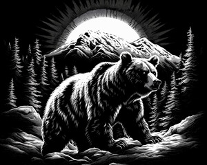 Monochrome Bear in Moonlit Forest with Mountains for Wilderness-Themed Art and Nature Decor