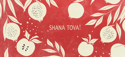 Red art background of Israeli Rosh Hashanah holiday with pomegranate and apple pattern. Vector illustration in modern style with Jewish holiday of New Year, Rosh Hashana for greeting card, cover.