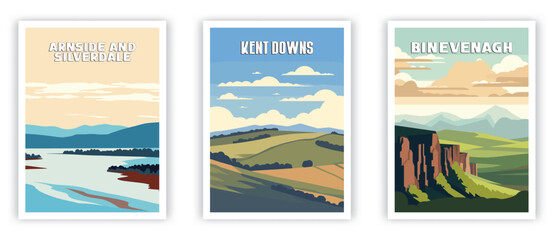 Arnside and Silverdale, Kent Downs, Binevenagh Illustration Art. Travel Poster Wall Art. Minimalist Vector art
