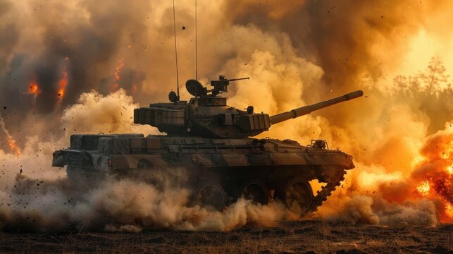 Intense Military Training with BMP-2 Infantry Fighting Vehicle Amid Explosions and Smoke - Realistic War Simulation Photo