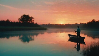 Lone male figure silhouetted against a vibrant sunset sky, fishing from a small wooden boat on a tranquil, reflective river
