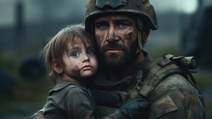 Fototapeta premium Brave Soldier Rescuing Distressed Child in Devastated Village Amidst Chaos