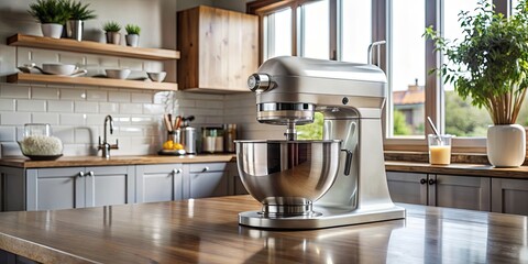 A close-up shot of a sleek and modern countertop mixer in a kitchen setting, kitchen appliance, cooking