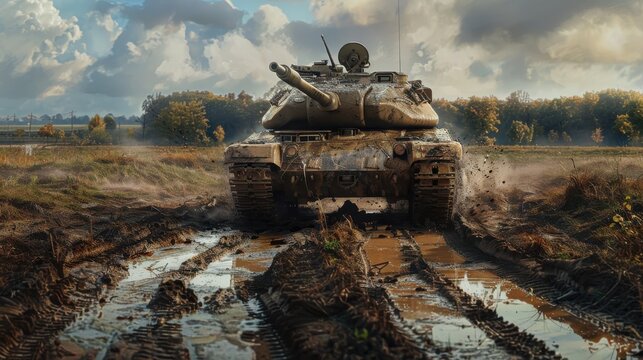 Powerful AMX-56 Leclerc Tank Advancing Through Muddy Field with Deep Track Impressions - Realistic Military Photo
